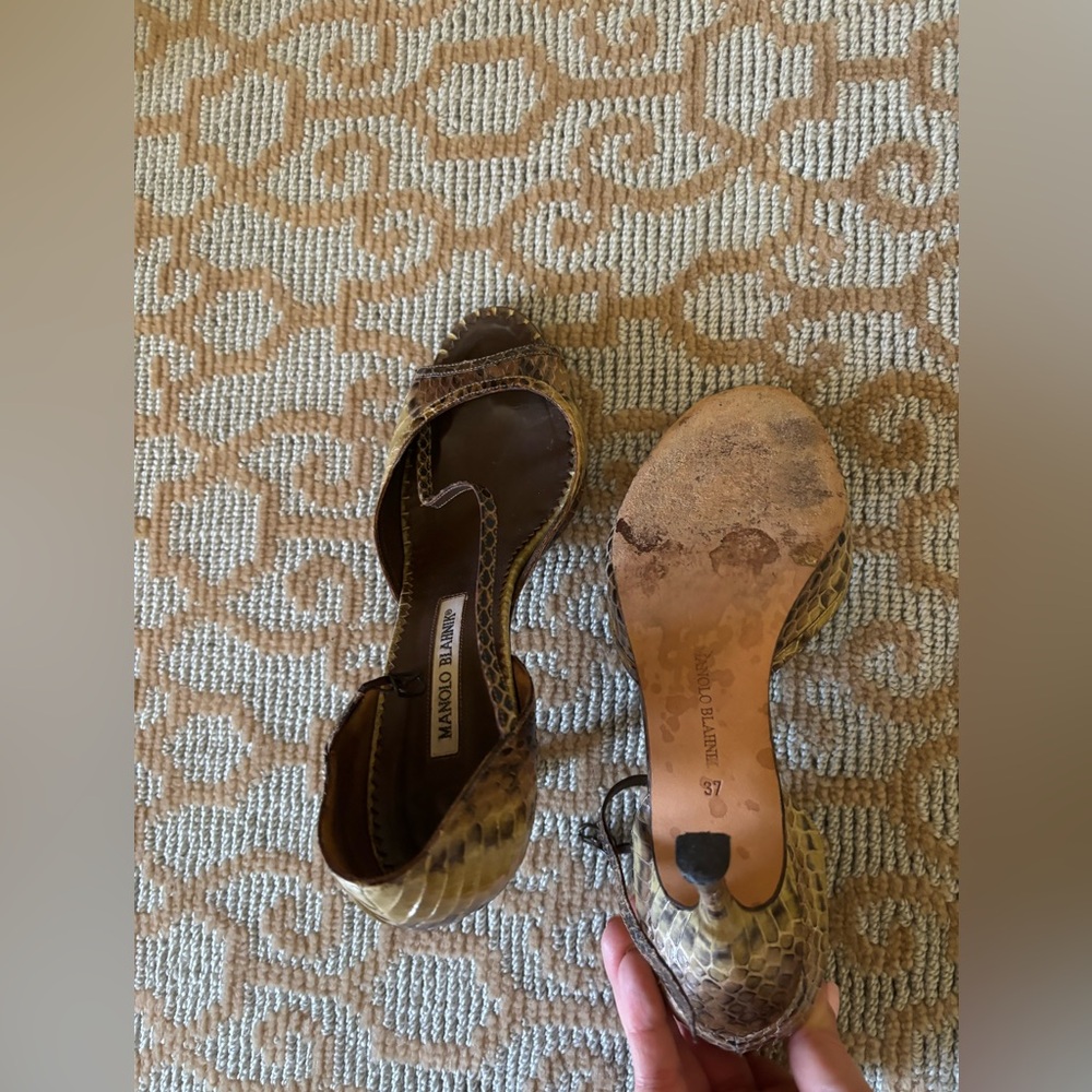 MANOLO BLAHNIK Brown/Green Python Skin Open-Toe D'Orsay Heel Pumps Shoe size 37 - Picture 5 of 5